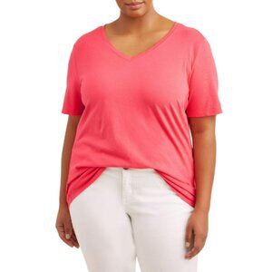 Terra & Sky Plus Size Relaxed V-Neck Short Sleeve Tee in Paradise Pink (Coral)